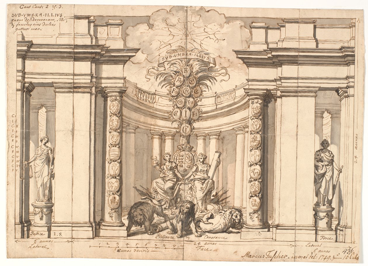 O interior de um templo com o brasão de armas dinamarquês e a árvore genealógica dos reis de Oldenburg de Marcus Tuscher