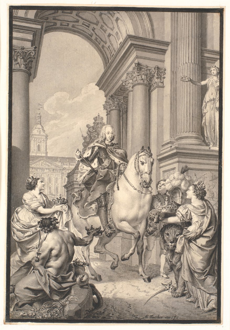 Preparação para a pintura: Dinamarca e Noruega prestam homenagem a Chr. VI (queimada com Christiansborg 1794) de Marcus Tuscher