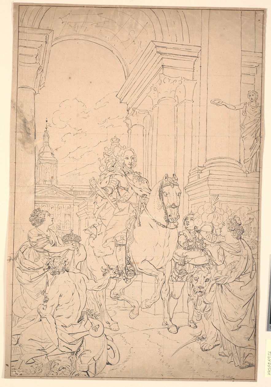 Rascunho para a pintura: Dinamarca e Noruega prestam homenagem a Chr. VI (queimada com Christiansborg 1794) de Marcus Tuscher