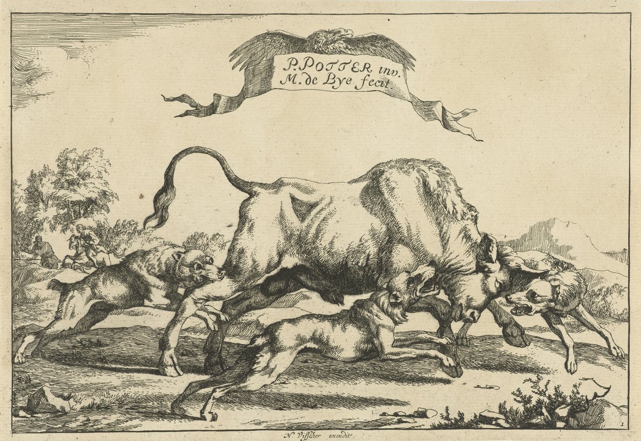 Touro atacado por três cães de caça
Cães de caça (título da série) de Marcus de Bye