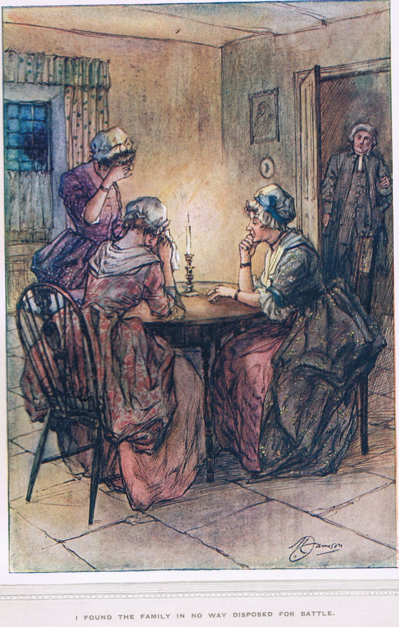 "Eu encontrei a família de modo algum disposta para a batalha", ilustração de "O Vigário de Wakefield" por Oliver Goldsmith, c.1910 de Margaret Jameson