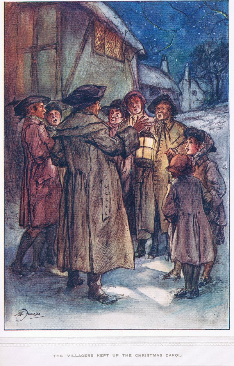 Os aldeões mantiveram a canção de Natal, ilustração de "O Vigário de Wakefield" de Oliver Goldsmith, c.1910 de Margaret Jameson
