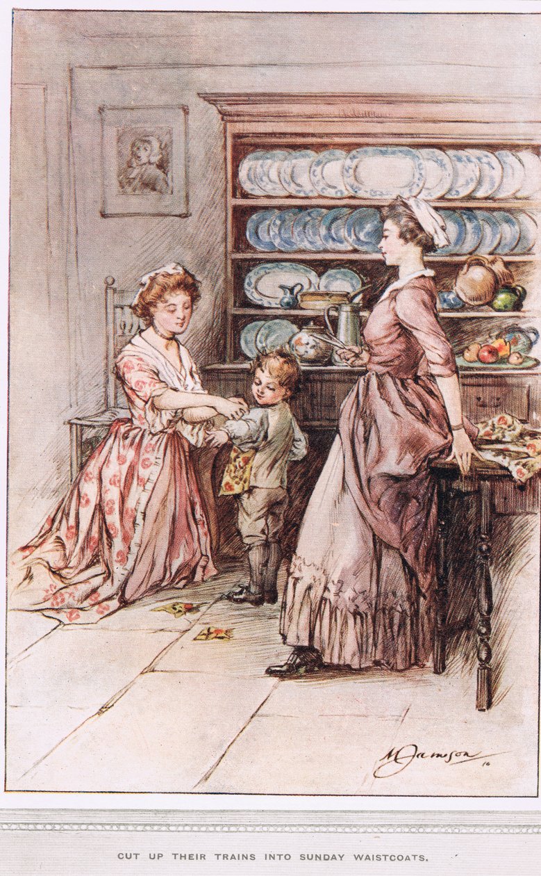 Eles cortaram seus trens em coletes de domingo, ilustração de "O Vigário de Wakefield" por Oliver Goldsmith, c.1910 de Margaret Jameson
