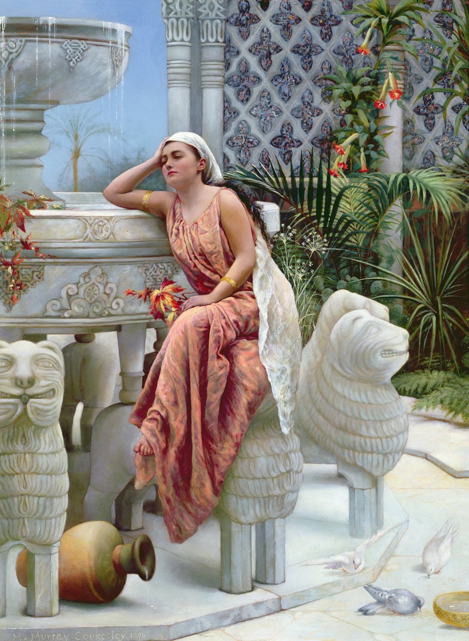 Um momento de descanso pela Fonte do Leão no Alhambra, Espanha, 1894 de Margaret Murray Cookesley