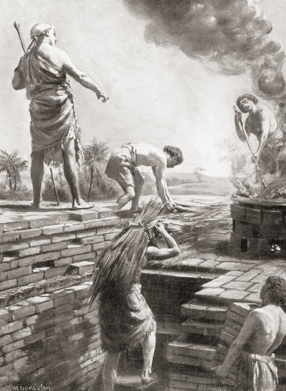 Construção de um zigurate, as enormes torres de templos piramidais que foram construídas pela primeira vez nas cidades-estado da Suméria, da History of the Nations de Hutchinson, pub.1915 de Margaret (after) Dovaston