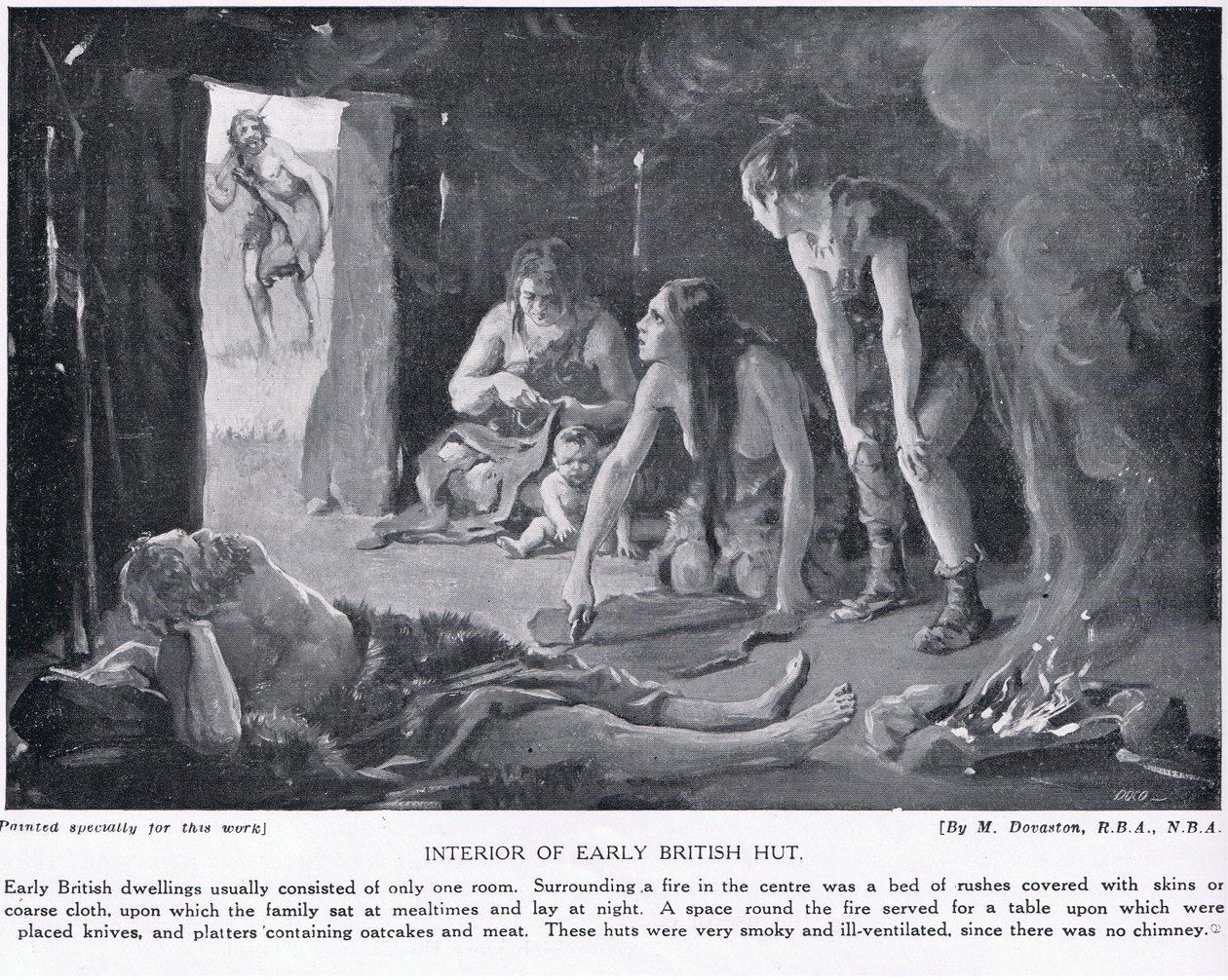 Interior de uma antiga cabana britânica, ilustração de "Hutchinson
