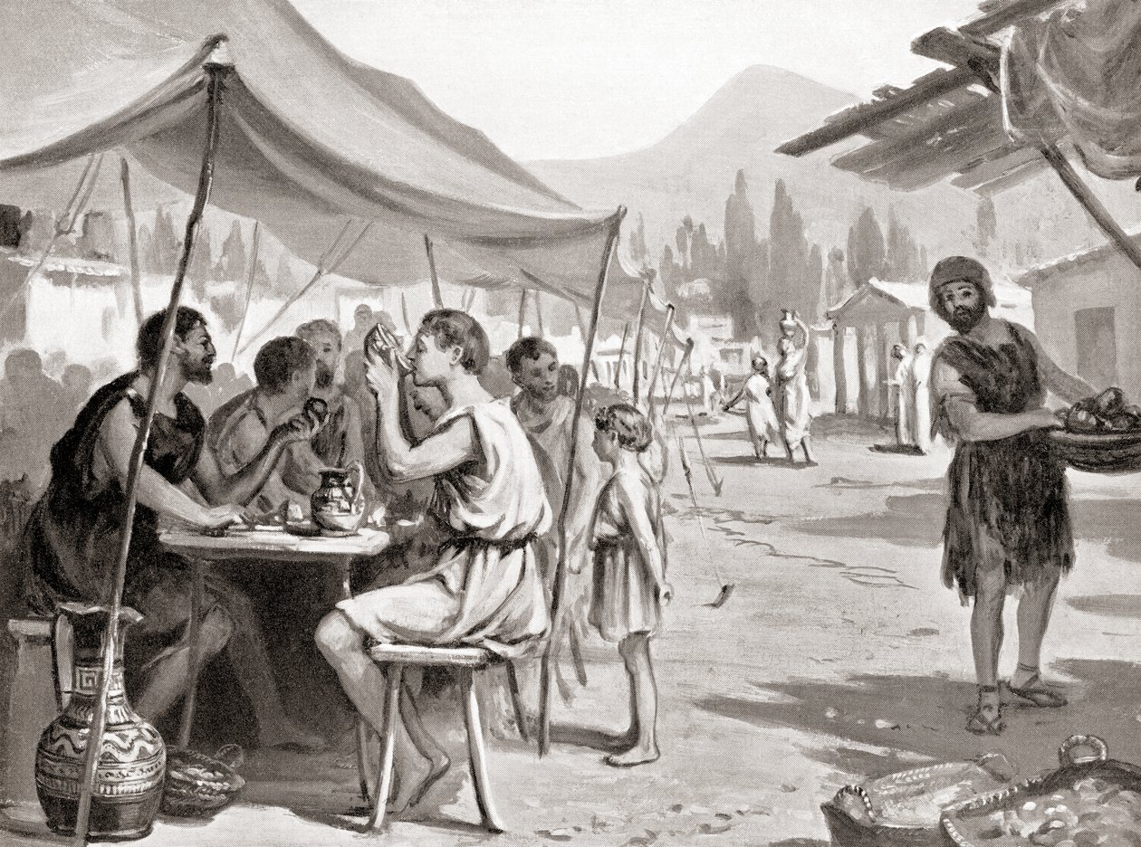 Uma das leis de Licurgo, o reformador espartano, era que ninguém devia tomar as suas refeições em casa ou em privado, da History of the Nations de Hutchinson, pub.1915 de Margaret (after) Dovaston
