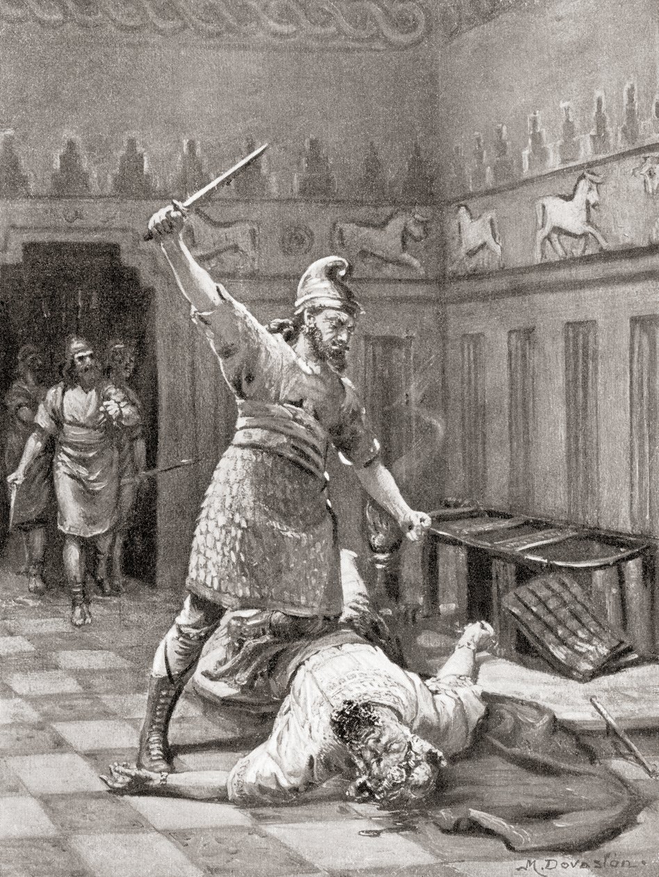 O assassinato de Tukulti-Ninurta I na sua cidade sitiada Kar-Tukulti-Ninurta, da História das Nações de Hutchinson, pub.1915 de Margaret (after) Dovaston
