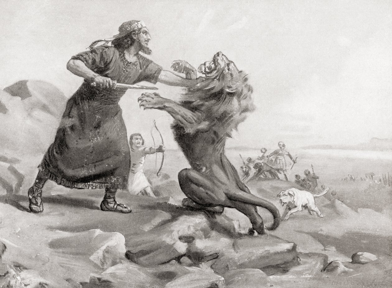 Tiglate-Pileser a matar um leão, de History of the Nations de Hutchinson, pub.1915 de Margaret (after) Dovaston