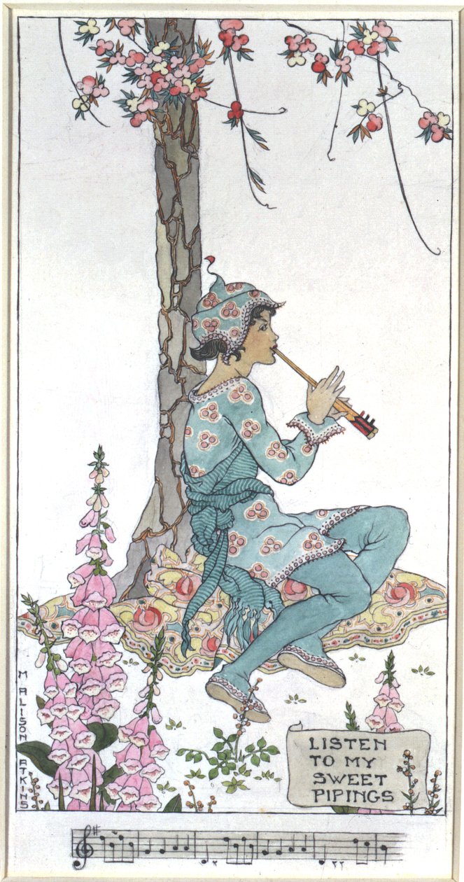Listen to My Sweet Pipings (caneta e tinta e aguarela sobre lápis sobre prancheta) de Margaret Alison Atkins