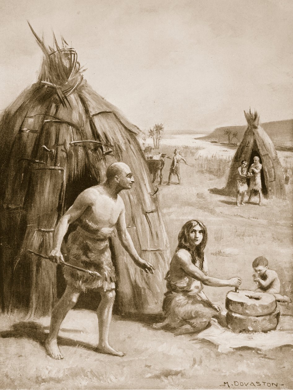 Uma povoação suméria primitiva, ilustração de "Hutchinsons History of the Nations", c.1910 (litografia) de Margaret Dovaston