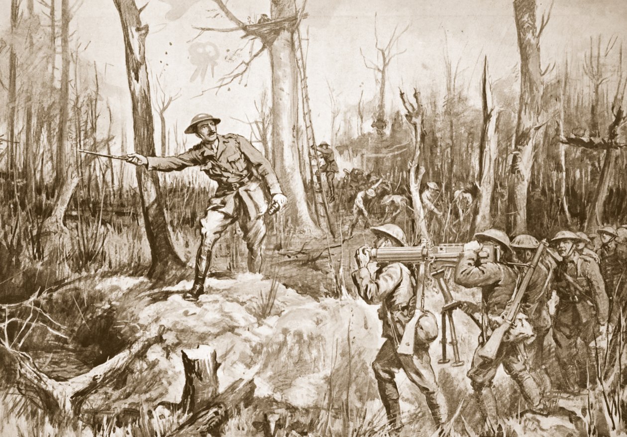 Capitão (Tenente-Coronel temporário) R.B. Barker organizando as defesas de um bosque (litografia) de Margaret Dovaston
