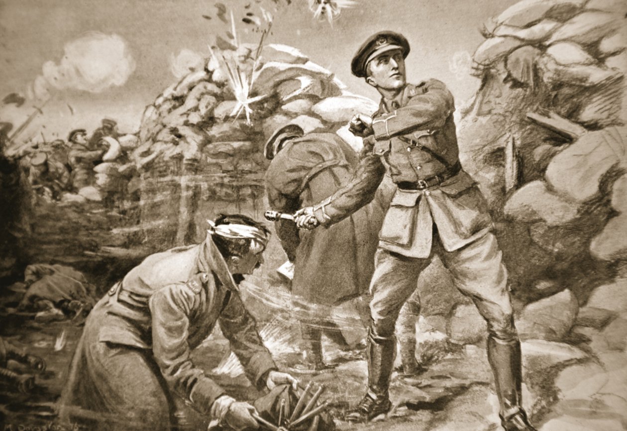 O capitão Vickers mantém o inimigo à distância enquanto é construída uma barreira atrás de si (litografia) de Margaret Dovaston