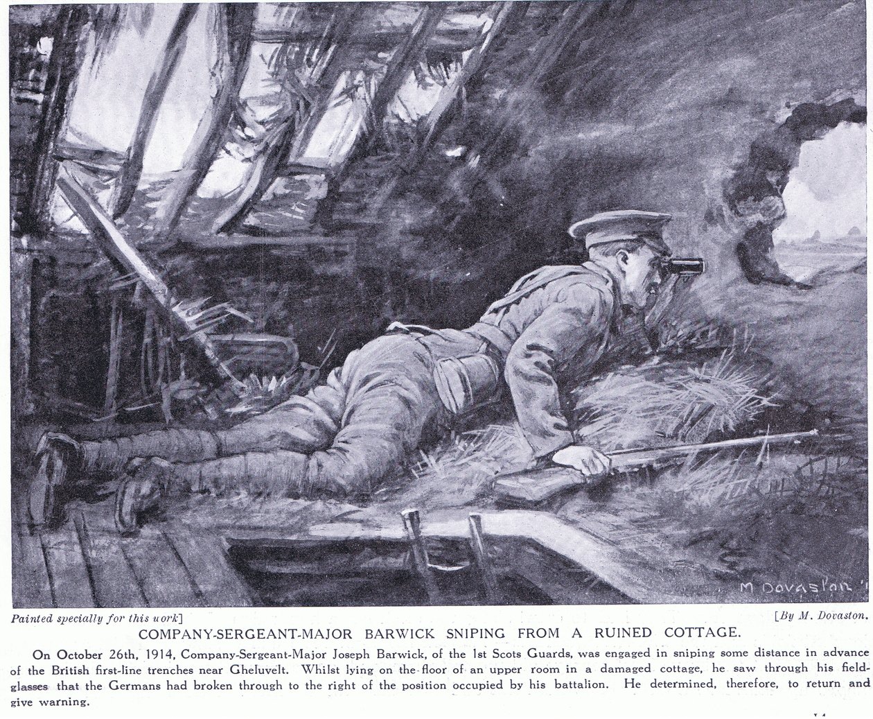 Sargento-mor da Companhia Barwick a disparar de uma casa de campo em ruínas em Ghehuvelt, outubro de 1914 (litografia) de Margaret Dovaston