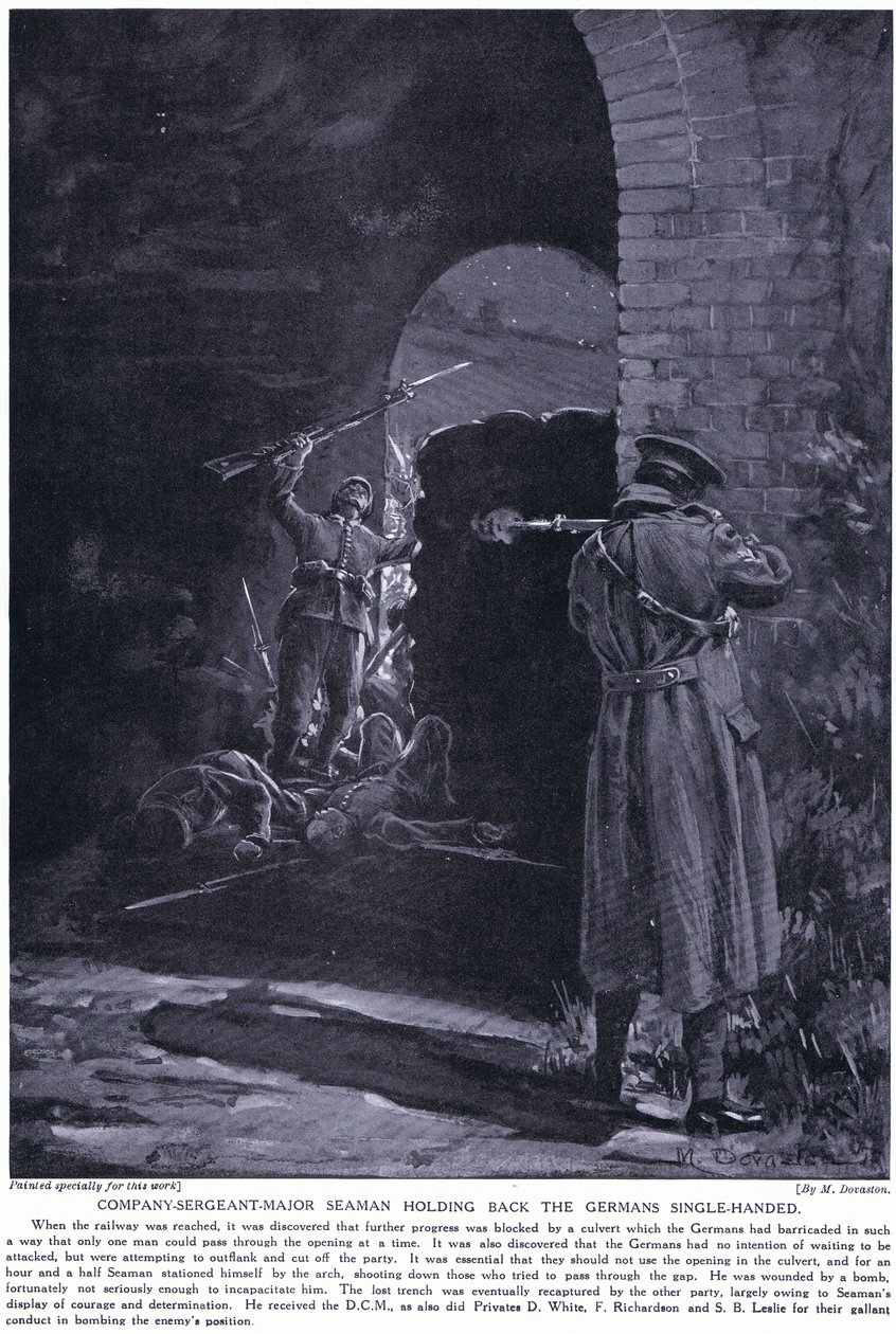 O Sargento-Mor Seaman foi condecorado com um DCM por ter conseguido, com uma só mão, travar um ataque alemão em fevereiro de 1915 (litografia) de Margaret Dovaston