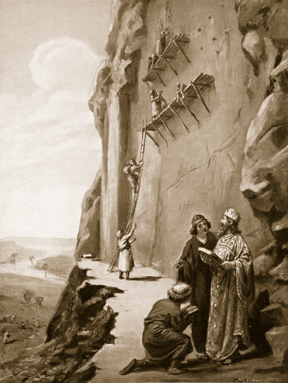 Dario supervisionando a sua inscrição em Behistun, ilustração da "História das Nações de Hutchinson de Margaret Dovaston