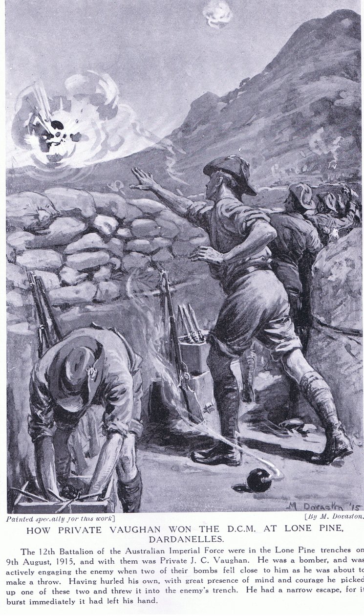 Como o soldado Vaughan ganhou o DCM em Lone Pine, Dardanelos, agosto de 1915 (litografia) de Margaret Dovaston