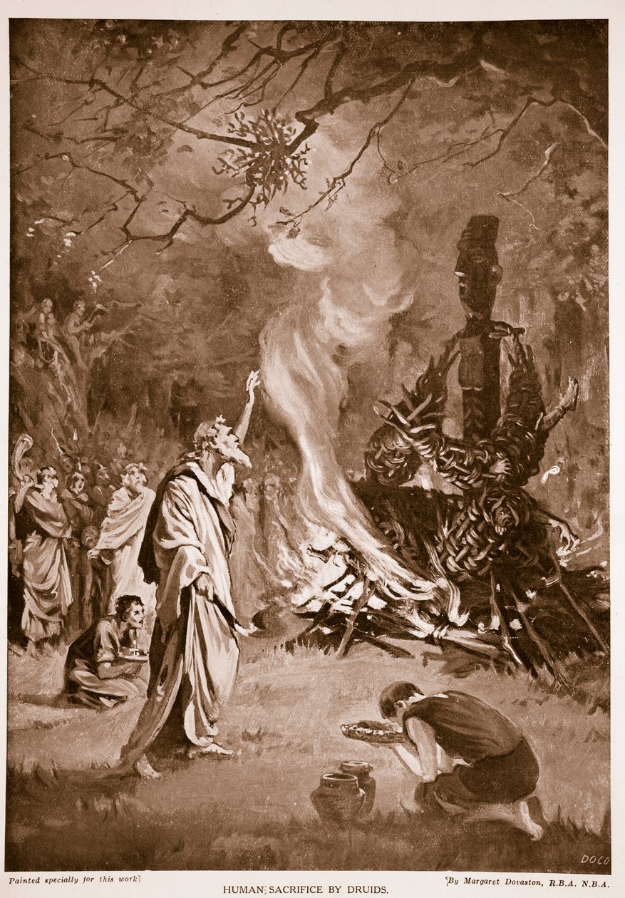 Sacrifício humano pelos druidas, ilustração de "Hutchison