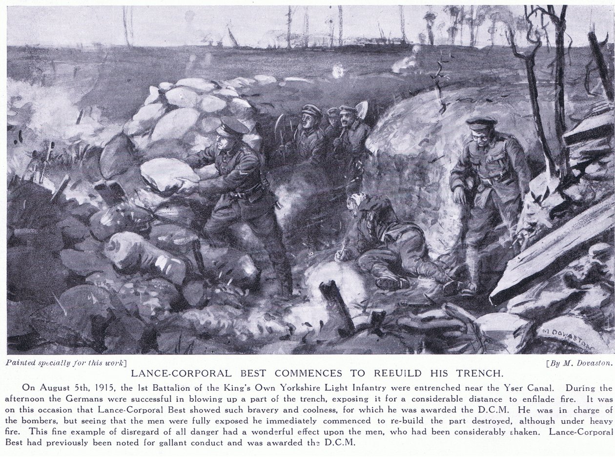 O cabo Best foi condecorado com um DCM por ter começado a reconstruir a sua trincheira no Canal Yser sob fogo intenso em agosto de 1915 (litografia) de Margaret Dovaston