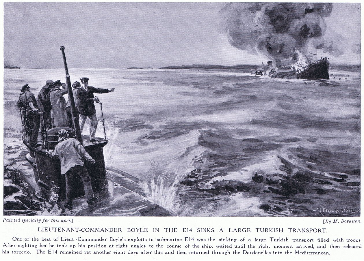 O Tenente Comandante Boyle no E14 afunda um grande transporte turco em 1915 (litografia) de Margaret Dovaston