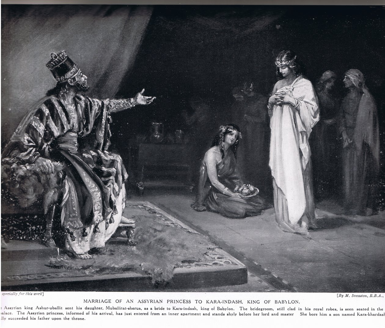 Casamento da princesa assíria com Kara-Indash, o rei da Babilónia, ilustração da "História das Nações" de Hutchinson (litografia) de Margaret Dovaston