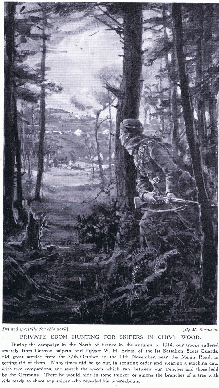Soldado Edom à caça de atiradores furtivos em Chivy Wood, outono de 1914 (litografia) de Margaret Dovaston