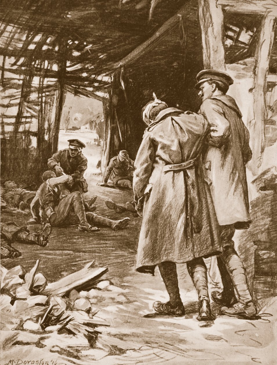 O soldado J.S. Kerr a prestar os primeiros socorros aos feridos numa quinta que estava a ser fortemente bombardeada (litografia) de Margaret Dovaston