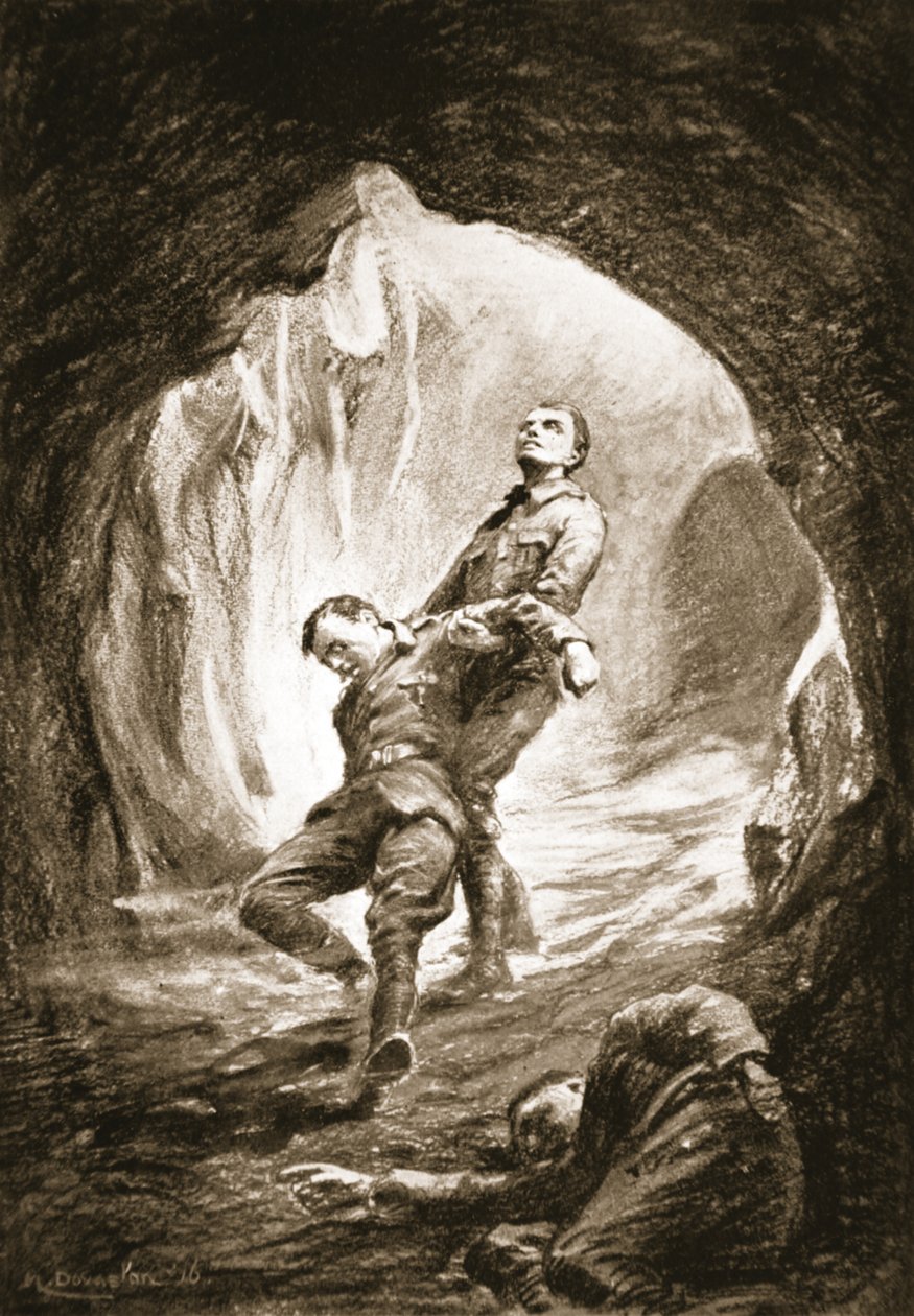 O soldado Weston a salvar um camarada atingido por gás numa galeria de minas (litografia) de Margaret Dovaston