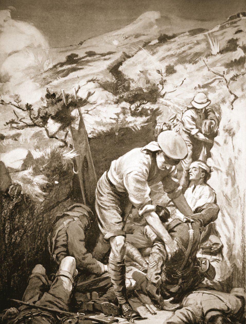 Os soldados Druall e Smith retiram os feridos de uma seiva que estava desprotegida e exposta a fogo pesado (litografia) de Margaret Dovaston