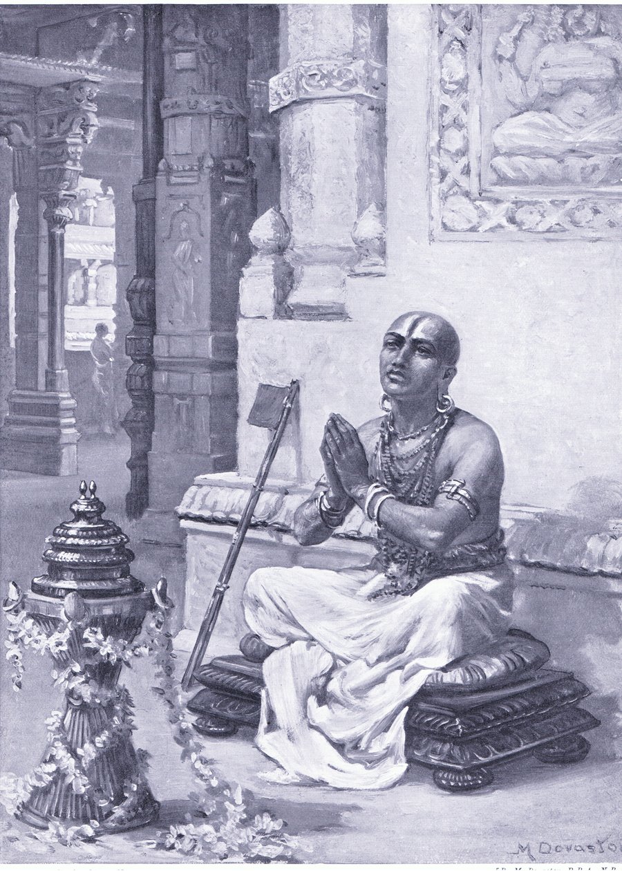 Ramanuja contemplando a sua filosofia do Deus único e pessoal 1100 d.C. (litografia) de Margaret Dovaston