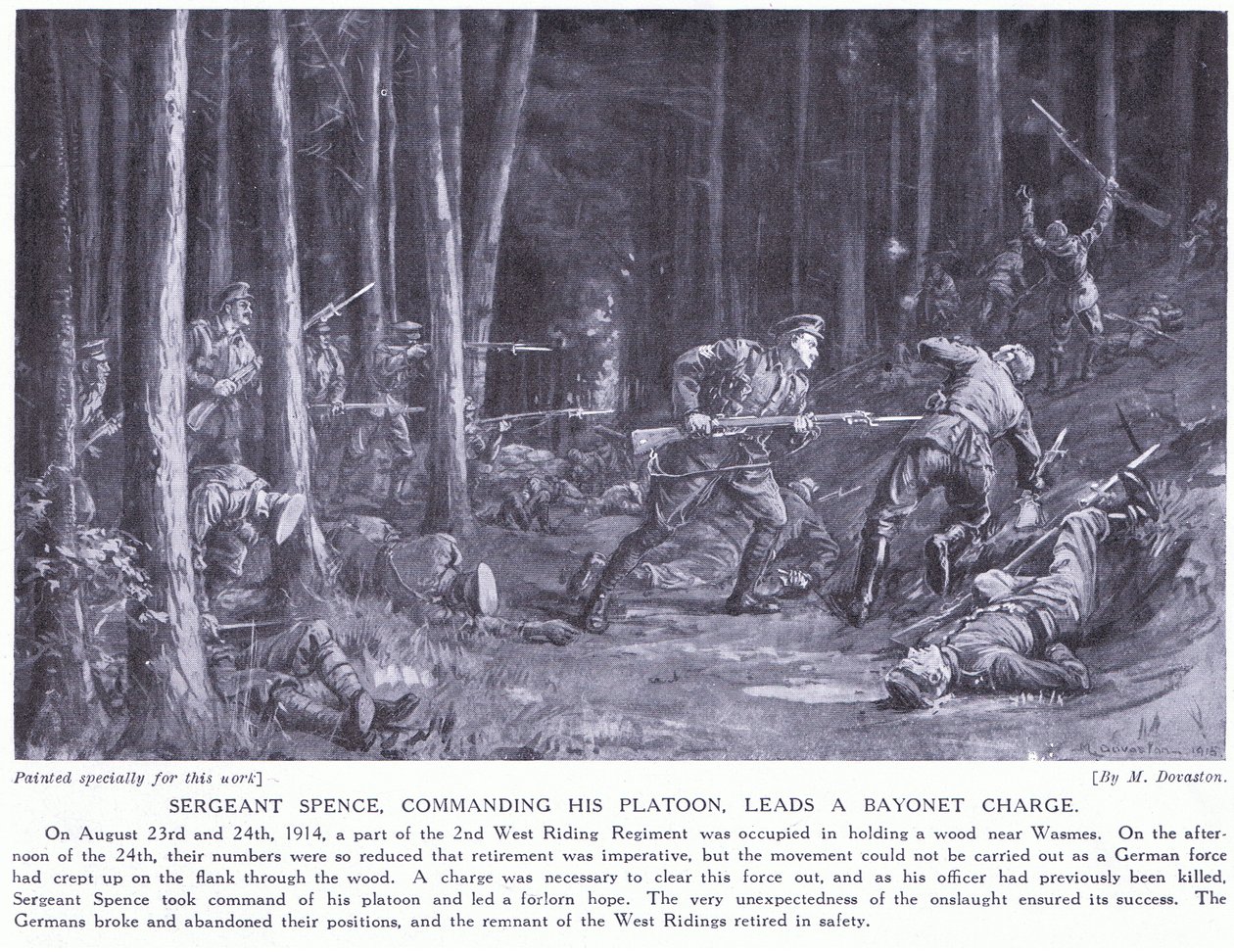 O Sargento Spence ganhou um DCM por liderar o seu pelotão numa carga de baioneta nos bosques perto de Wasmes, em agosto de 2014 (litografia) de Margaret Dovaston