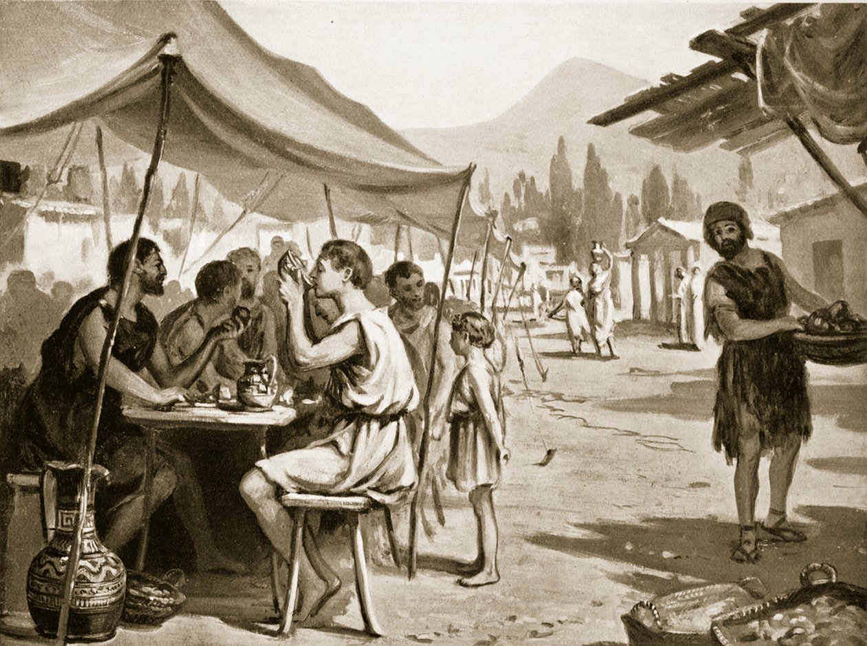 Espartanos comendo em mesas públicas, ilustração de "Hutchinson