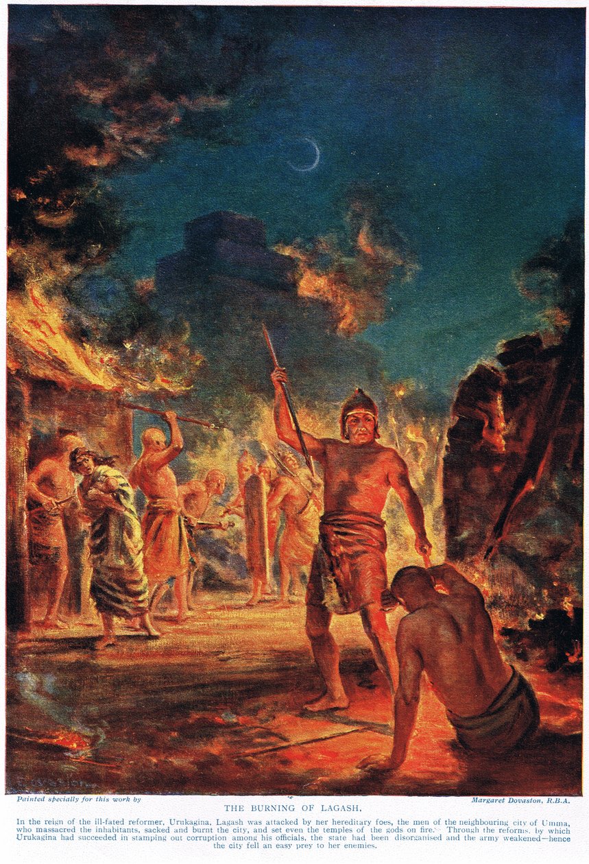 O incêndio de Lagash, ilustração da "História das Nações" de Hutchinson (litografia a cores) de Margaret Dovaston