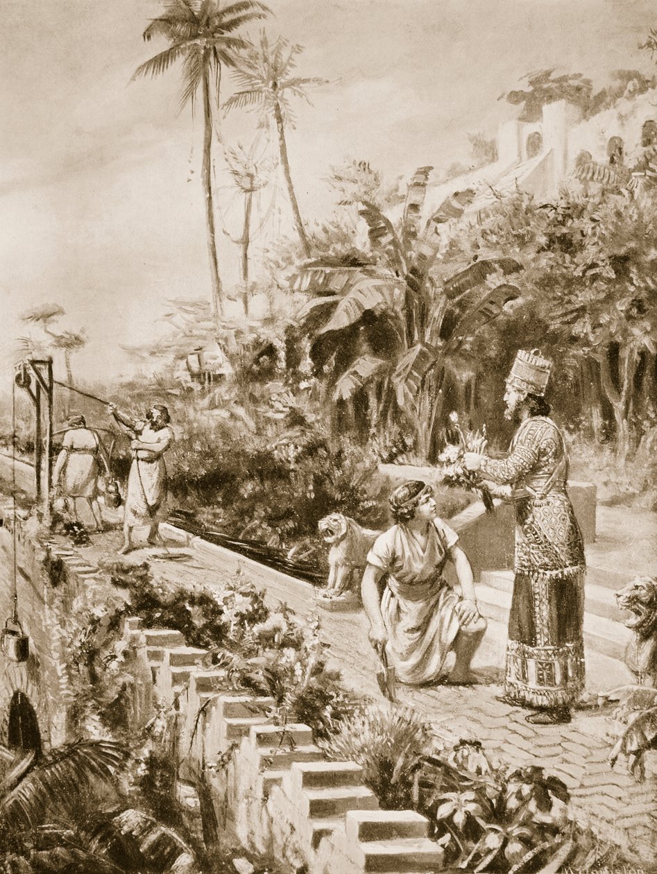 Os Jardins Suspensos da Babilónia, ilustração da "História das Nações" de Hutchinson (litografia) de Margaret Dovaston