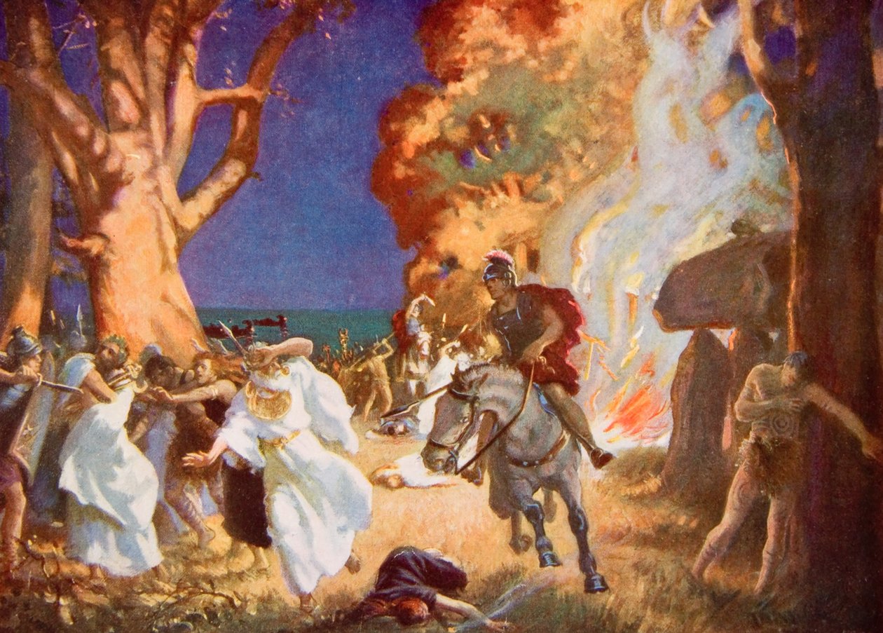 O massacre dos druidas em Anglesey pelos romanos em 60 d.C., ilustração de "Hutchinson