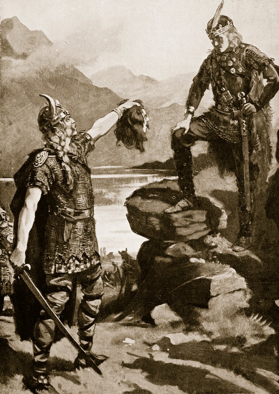 A cabeça de Donald Macwilliam apresentada a Alexandre II, ilustração da "História da Nação Britânica" de Hutchinson, c.1920 (litografia) de Margaret Dovaston