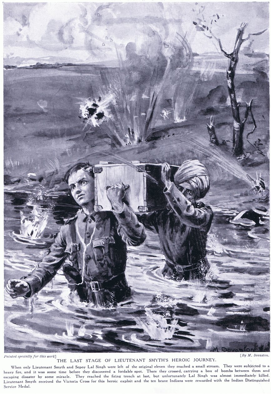 A última etapa da viagem heróica do Tenente Smyth: Condecorado com a Cruz da Vitória em maio de 1915 (litografia) de Margaret Dovaston