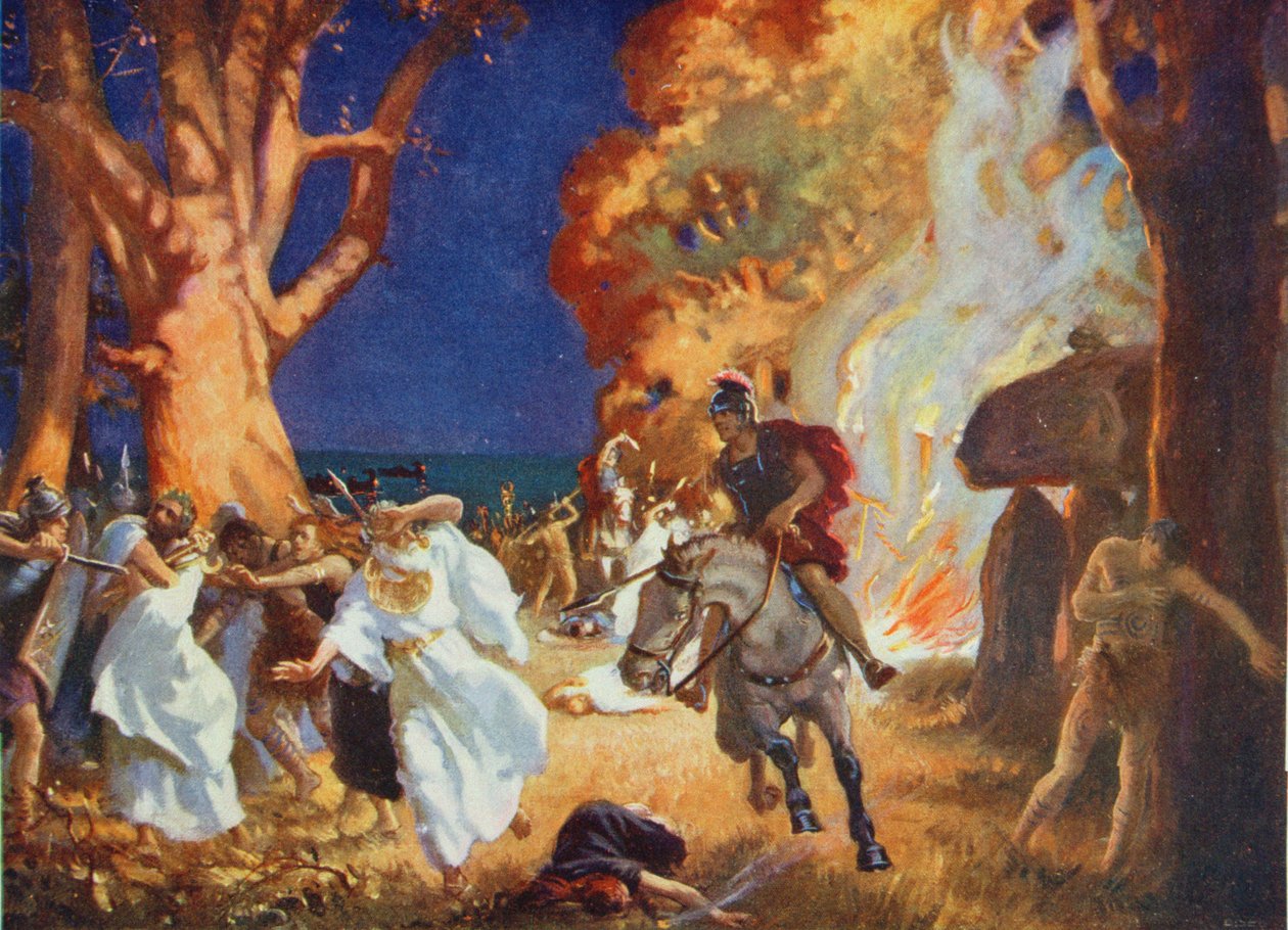 O massacre dos druidas em Anglesey pelos romanos em 60 d.C., ilustração de "Hutchinson