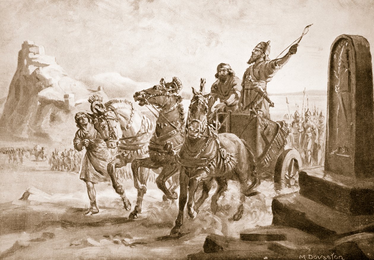 Tiglate-Pileser IV diante da cidadela de Turushpa, ilustração da "História das Nações de Hutchinson" (litografia) de Margaret Dovaston