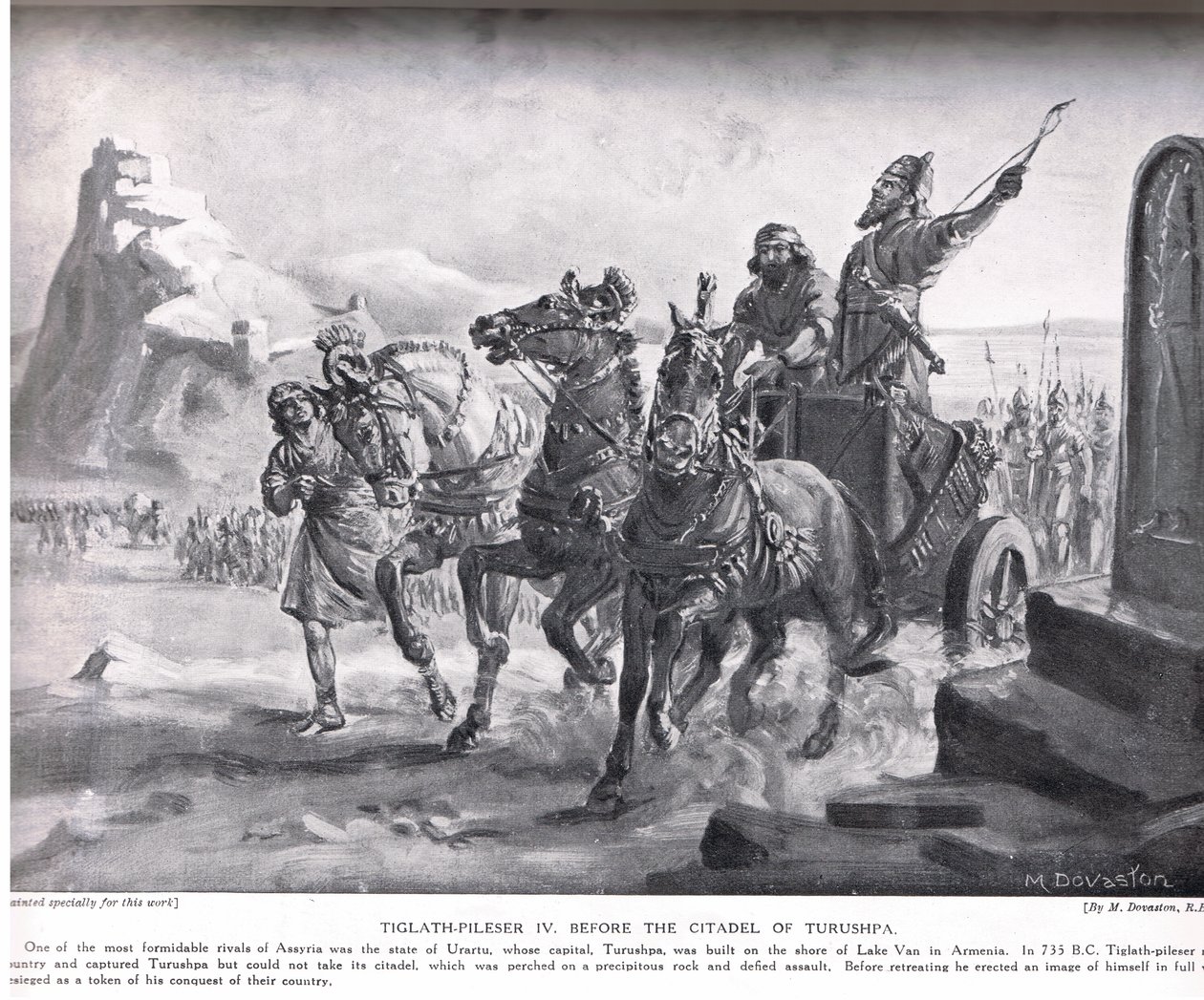 Tiglate-Pileser IV diante da cidadela de Turushpa, ilustração da "História das Nações de Hutchinson" (litografia) de Margaret Dovaston