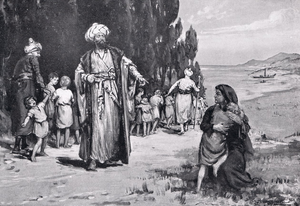 Homenagem das crianças aos turcos, ilustração da "História das Nações de Hutchinson de Margaret Dovaston