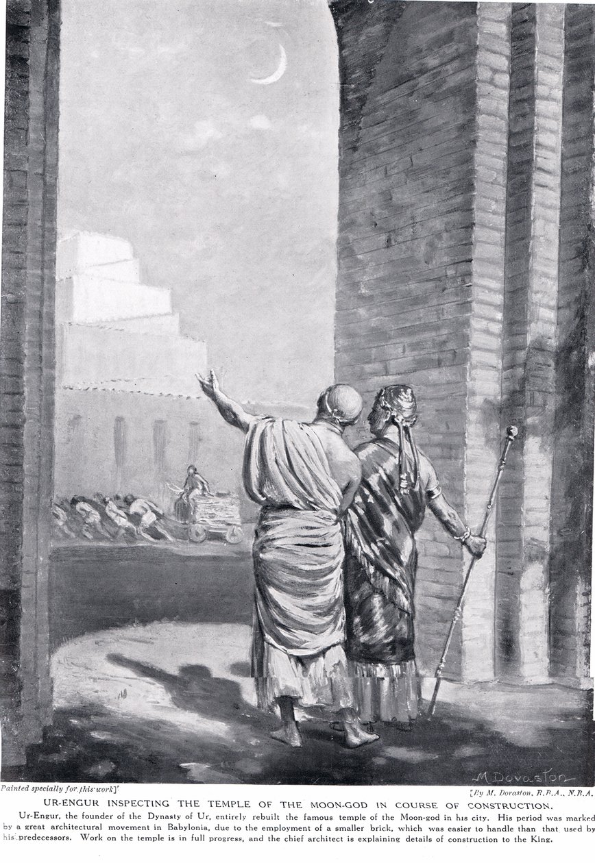 Ur-Engur inspeccionando o Templo do Deus-Lua durante a sua construção, ilustração da "História das Nações" de Hutchinson (litografia) de Margaret Dovaston