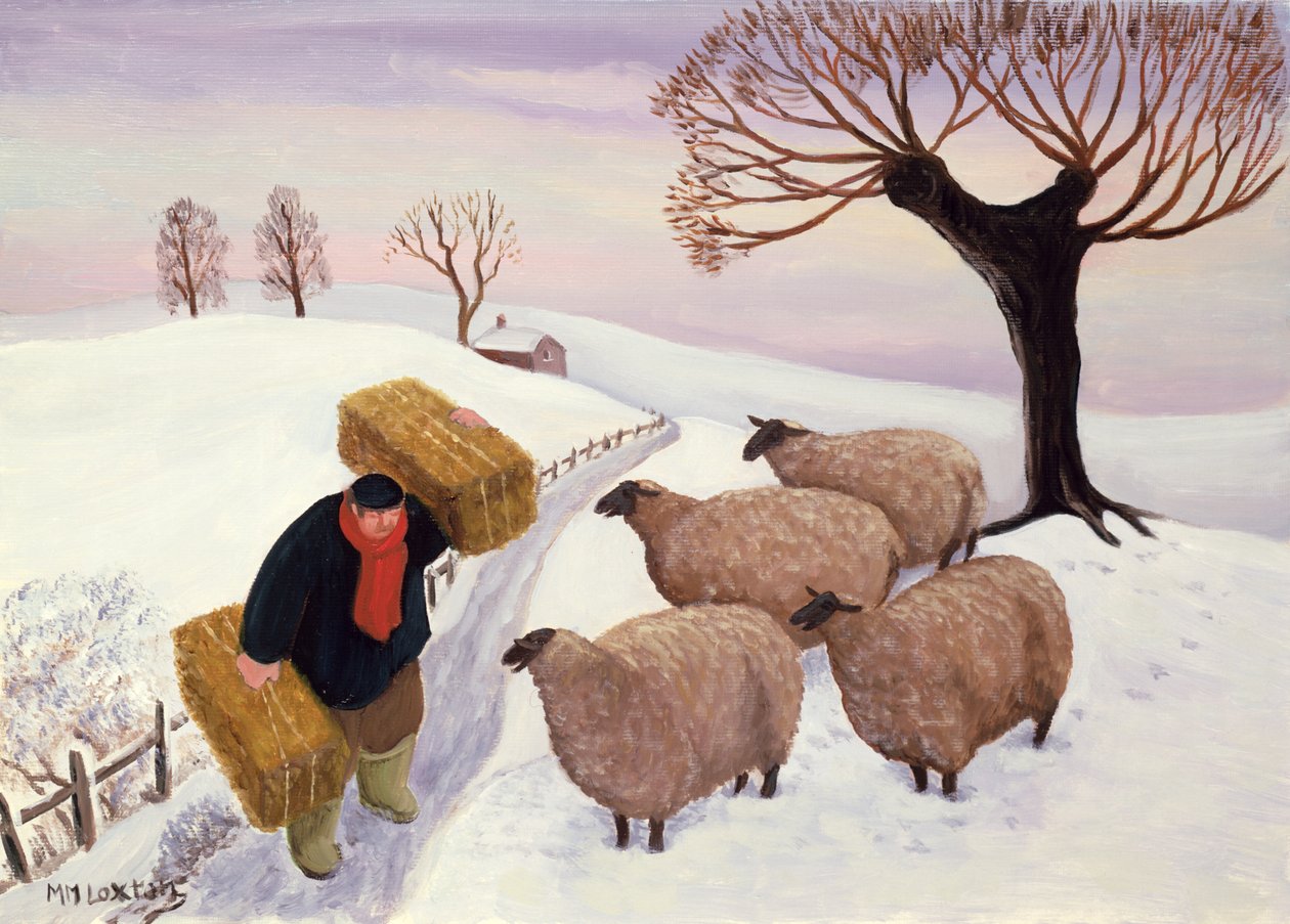 Transportar o feno para as ovelhas no inverno de Margaret Loxton