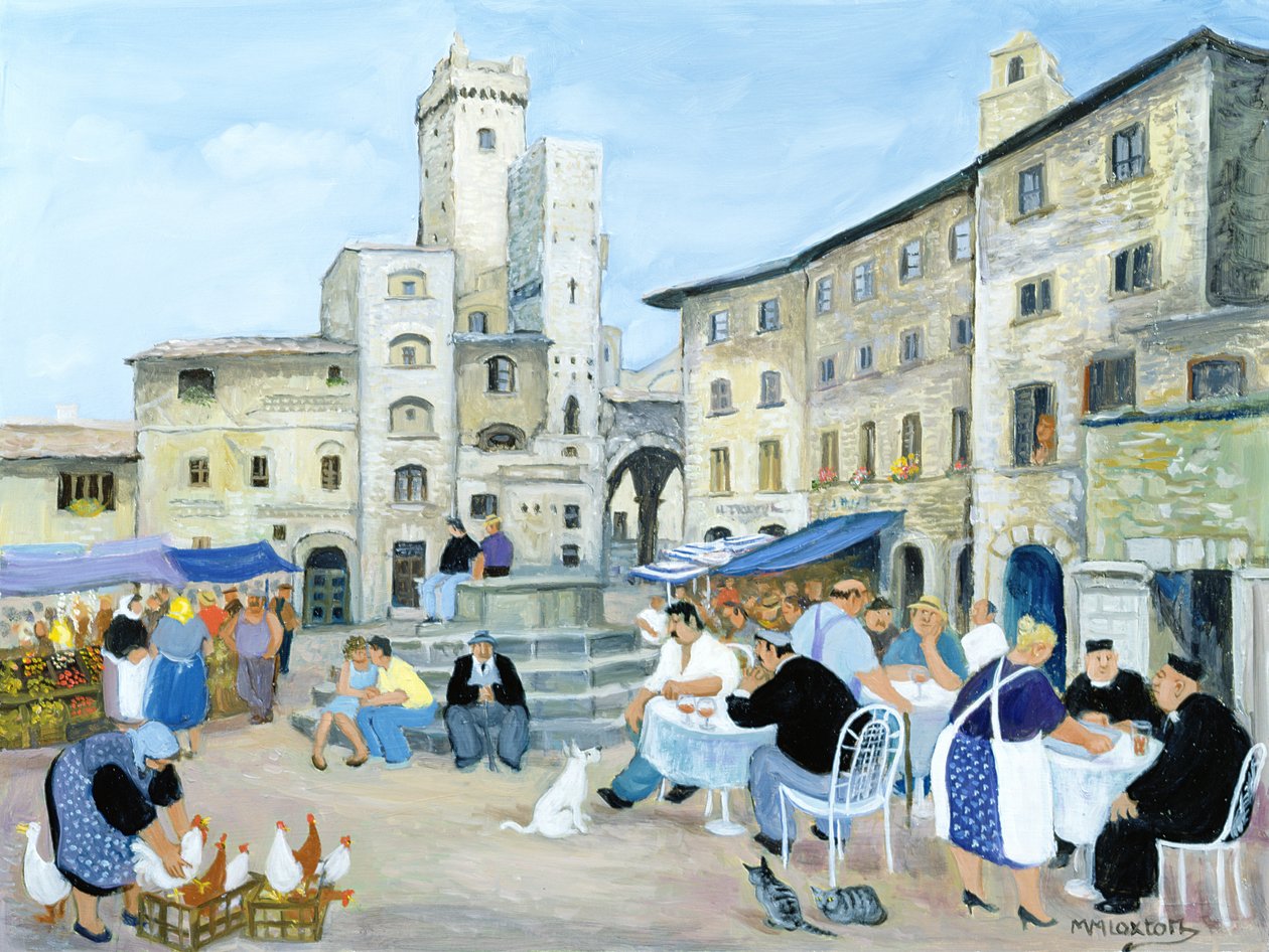 Hora do almoço numa praça de mercado, Toscana (óleo sobre tela) de Margaret Loxton
