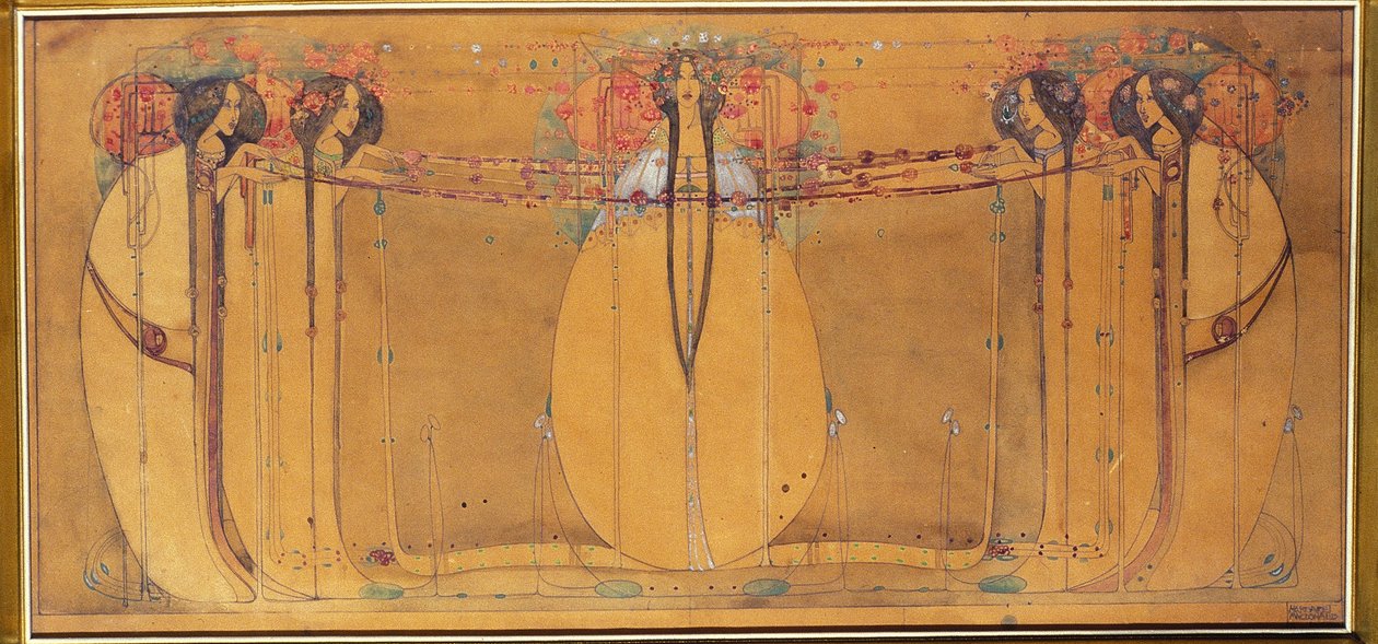 Rainha de maio, desenhos animados para o painel para Ingram Street Tearooms, c.1900 (aguarela sobre papel) de Margaret Macdonald