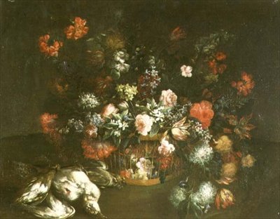 Rosas, tulipas, campainhas, lilás e outras flores numa cesta com pássaros mortos de Margarita (attr. to) Caffi