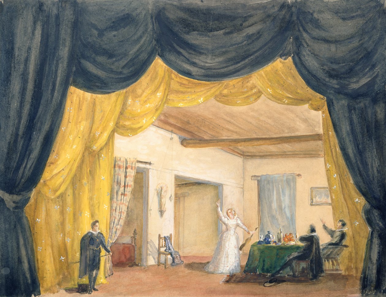 Cenografia da ópera "O convidado de pedra" de Aleksandr Sergeyvich Dargomyzhsky de Margarita Genrichovna Genke Shifrina