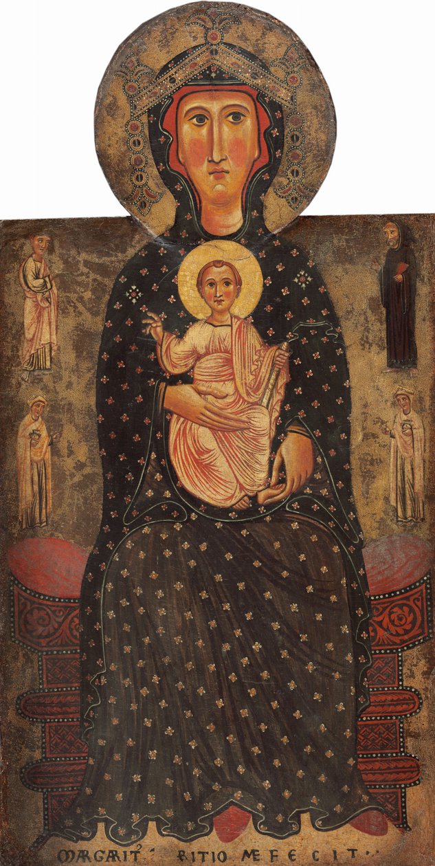 Madonna e criança entronizada com quatro santos, c. 12401245. de Margarito d