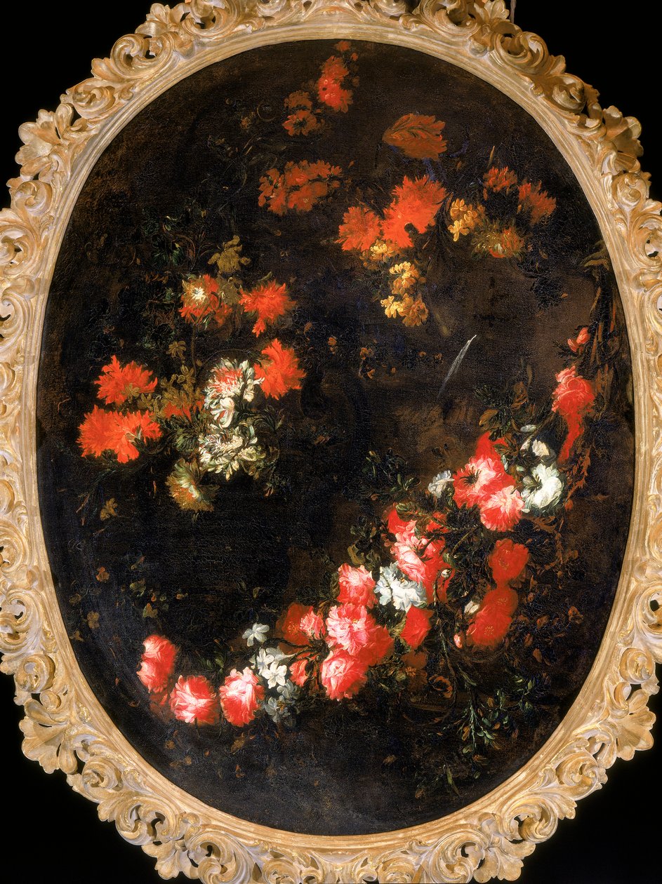 Guirlanda de flores na cabeça de Margherita Caffi