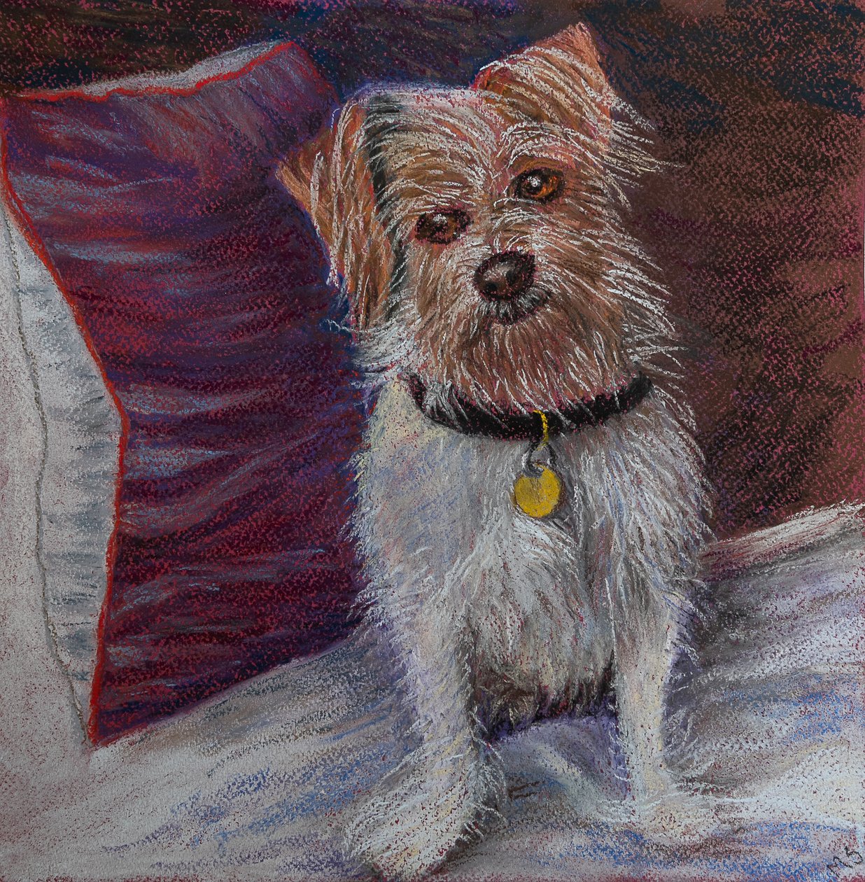 Meu cachorrinho em almofada de seda, 2020 (pastel) de Margo Starkey